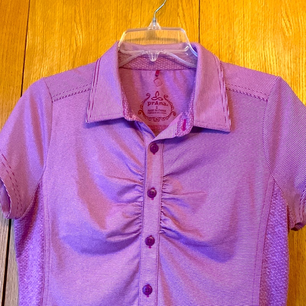 Prana Kinley SMALL performance polo dress vivid viola stripe pink purple EUC